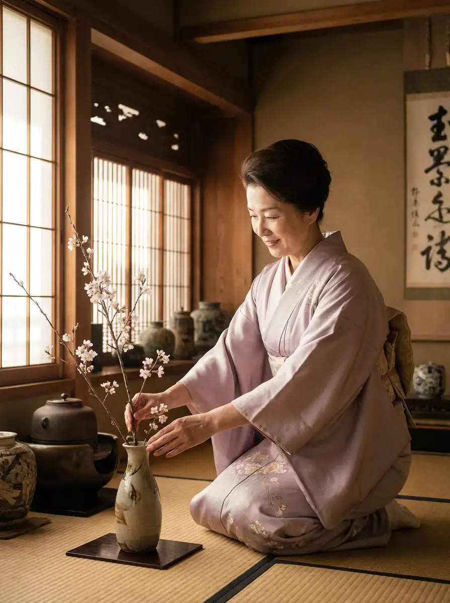 一位优雅的 吉祥坊官网 在和室中插花